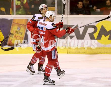EBEL. Eishockey Bundesliga. KAC gegen 	UPC Vienna Capitals. Torjubel Jamie Lundmark, Manuel Ganahl (KAC). Klagenfurt, am 19.2.2017.
Foto: Kuess

---
pressefotos, pressefotografie, kuess, qs, qspictures, sport, bild, bilder, bilddatenbank