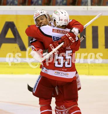 EBEL. Eishockey Bundesliga. KAC gegen 	UPC Vienna Capitals. Torjubel Kevin Kapstad, Mitja Robar (KAC). Klagenfurt, am 19.2.2017.
Foto: Kuess

---
pressefotos, pressefotografie, kuess, qs, qspictures, sport, bild, bilder, bilddatenbank