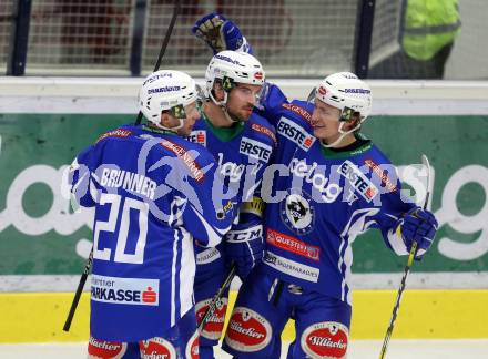 EBEL. Eishockey Bundesliga. VSV gegen	Fehervar AV 19.  Torjubel Benjamin Petrik, Nico Brunner, Christof Kromp (VSV). Villach, am 21.2.2017.
Foto: Kuess

---
pressefotos, pressefotografie, kuess, qs, qspictures, sport, bild, bilder, bilddatenbank