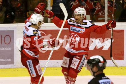 EBEL. Eishockey Bundesliga. KAC gegen 	HC Orli Znojmo. Torjubel Jamie Lundmark, Kevin Kapstad (KAC). Klagenfurt, am 26.2.2017.
Foto: Kuess

---
pressefotos, pressefotografie, kuess, qs, qspictures, sport, bild, bilder, bilddatenbank