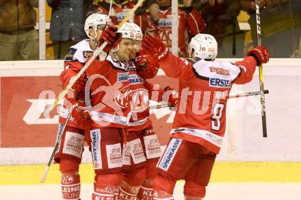EBEL. Eishockey Bundesliga. KAC gegen 	HC Orli Znojmo. Torjubel Jamie Lundmark, Kevin Kapstad, Matthew Neal (KAC). Klagenfurt, am 26.2.2017.
Foto: Kuess

---
pressefotos, pressefotografie, kuess, qs, qspictures, sport, bild, bilder, bilddatenbank