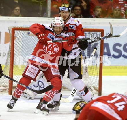 EBEL. Eishockey Bundesliga. KAC gegen 	HC Orli Znojmo. Manuel Ganahl,  (KAC), Marek Biro  (Znojmo). Klagenfurt, am 26.2.2017.
Foto: Kuess

---
pressefotos, pressefotografie, kuess, qs, qspictures, sport, bild, bilder, bilddatenbank