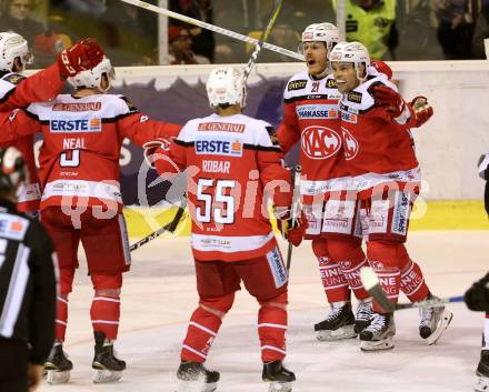 EBEL. Eishockey Bundesliga. KAC gegen 	HC Orli Znojmo. Torjubel Manuel Geier, Kevin Kapstad, Mitja Robar, Matthew Neal (KAC). Klagenfurt, am 26.2.2017.
Foto: Kuess

---
pressefotos, pressefotografie, kuess, qs, qspictures, sport, bild, bilder, bilddatenbank