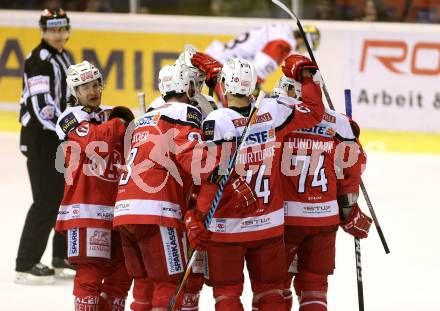 EBEL. Eishockey Bundesliga. KAC gegen 	HC Orli Znojmo. Torjubel Jamie Lundmark, Thomas Koch, Mark Hurturbise, David Joseph Fischer, Thomas Hundertpfund, Manuel Ganahl (KAC). Klagenfurt, am 26.2.2017.
Foto: Kuess

---
pressefotos, pressefotografie, kuess, qs, qspictures, sport, bild, bilder, bilddatenbank