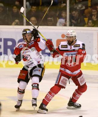 EBEL. Eishockey Bundesliga. KAC gegen 	HC Orli Znojmo. David Joseph Fischer, (KAC), David Bartos   (Znojmo). Klagenfurt, am 3.3.2017.
Foto: Kuess

---
pressefotos, pressefotografie, kuess, qs, qspictures, sport, bild, bilder, bilddatenbank