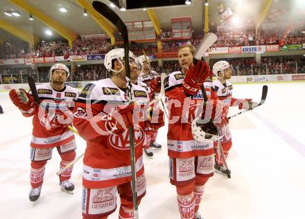 EBEL. Eishockey Bundesliga. KAC gegen 	HC Orli Znojmo. Jubel Thomas Koch, Mitja Robar, Jamie Lundmark (KAC). Klagenfurt, am 3.3.2017.
Foto: Kuess

---
pressefotos, pressefotografie, kuess, qs, qspictures, sport, bild, bilder, bilddatenbank