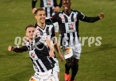 Fussball Bundesliga. RZ Pellets WAC gegen FC Admira Wacker Moedling.  Torjubel Michael Sollbauer,  Mario Leitgeb, Dever Akem Orgill (WAC). Wolfsberg, am 4.3.2017.
Foto: Kuess

---
pressefotos, pressefotografie, kuess, qs, qspictures, sport, bild, bilder, bilddatenbank