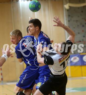 Handball HLA. SC Kelag Ferlach gegen HC Linz AG.  Izudin Mujanovic  (Ferlach), Dominik Ascherbauer, Luka Kikanovic (Linz). Ferlach, am 11.3.2017.
Foto: Kuess
---
pressefotos, pressefotografie, kuess, qs, qspictures, sport, bild, bilder, bilddatenbank