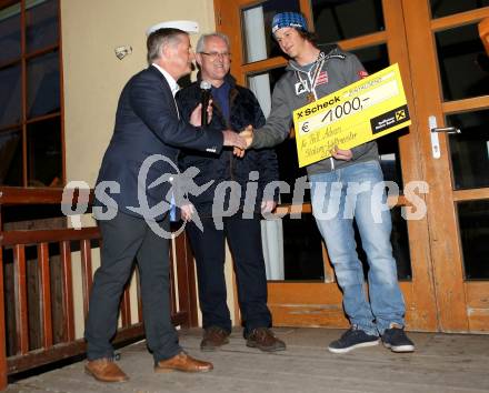 Schi Alpin. Empfang Juniorenweltmeister Adrian Pertl.  Robert Moser, Buergermeister Karl Lesjak, Adrian Pertl. Ebene Reichenau, am 16.3.2017.
Foto: Kuess
---
pressefotos, pressefotografie, kuess, qs, qspictures, sport, bild, bilder, bilddatenbank
