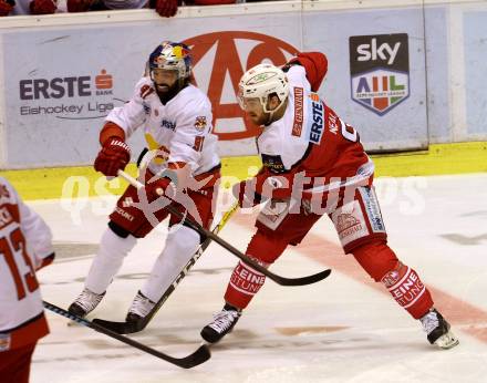 EBEL. Eishockey Bundesliga. KAC gegen 	EC Red Bull Salzburg. Matthew Neal,  (KAC),  Dominique Heinrich (Salzburg). Klagenfurt, am 17.3.2017.
Foto: Kuess

---
pressefotos, pressefotografie, kuess, qs, qspictures, sport, bild, bilder, bilddatenbank
