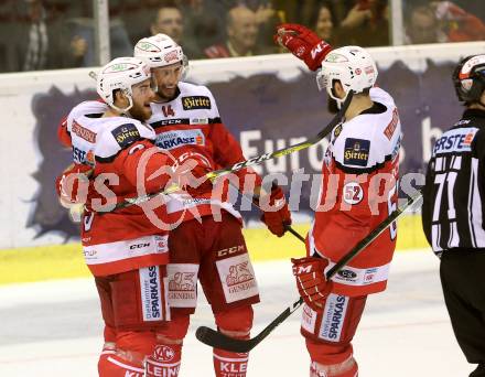 EBEL. Eishockey Bundesliga. KAC gegen 	EC Red Bull Salzburg. Torjubel Matthew Neal, Mark Hurturbise, Christoph Duller (KAC). Klagenfurt, am 21.3.2017.
Foto: Kuess

---
pressefotos, pressefotografie, kuess, qs, qspictures, sport, bild, bilder, bilddatenbank