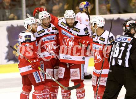 EBEL. Eishockey Bundesliga. KAC gegen 	EC Red Bull Salzburg. Torjubel Matthew Neal, Mark Hurturbise, Christoph Duller, Mark Popovic (KAC). Klagenfurt, am 21.3.2017.
Foto: Kuess

---
pressefotos, pressefotografie, kuess, qs, qspictures, sport, bild, bilder, bilddatenbank