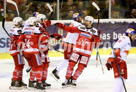 EBEL. Eishockey Bundesliga. KAC gegen 	EC Red Bull Salzburg. Torjubel Mark Hurturbise, Steven Strong, Ziga Pance, Philipp Kreuzer (KAC). Klagenfurt, am 21.3.2017.
Foto: Kuess

---
pressefotos, pressefotografie, kuess, qs, qspictures, sport, bild, bilder, bilddatenbank