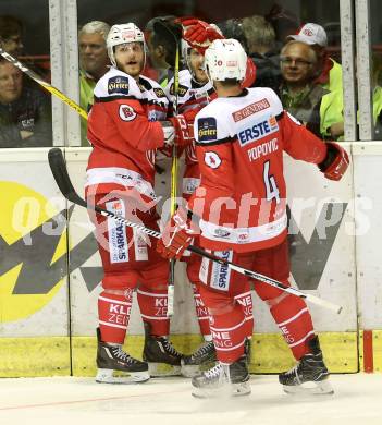 EBEL. Eishockey Bundesliga. KAC gegen 	EC Red Bull Salzburg. Torjubel Manuel Geier, Stefan Geier, Mark Popovic (KAC). Klagenfurt, am 21.3.2017.
Foto: Kuess

---
pressefotos, pressefotografie, kuess, qs, qspictures, sport, bild, bilder, bilddatenbank