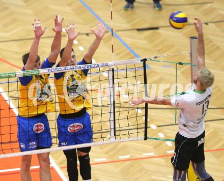 Volleyball. DenizBank AG Volley League Men. Semifinale. SK Posojilnica Aich/Dob gegen UVC Holding Graz. Michal Hruska, Anestis Dalakouras (Aich/Dob), Lorenz Koraimann (Graz). Bleiburg, am 25.3.2017.
Foto: Kuess
---
pressefotos, pressefotografie, kuess, qs, qspictures, sport, bild, bilder, bilddatenbank
