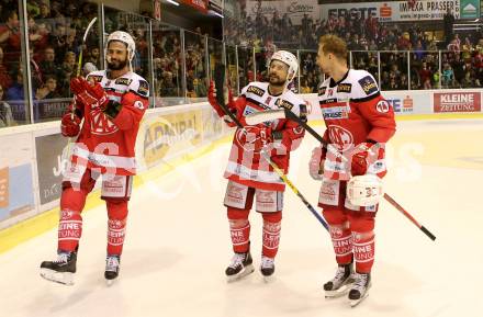EBEL. Eishockey Bundesliga. KAC gegen 	EC Red Bull Salzburg. Jubel David Joseph Fischer, Thomas Koch, Jamie Lundmark (KAC). Klagenfurt, am 26.3.2017.
Foto: Kuess

---
pressefotos, pressefotografie, kuess, qs, qspictures, sport, bild, bilder, bilddatenbank