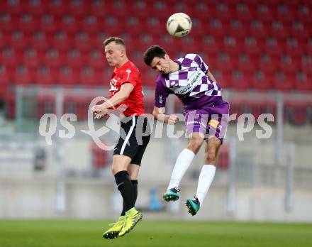 Fussball Regionalliga. SK Austria Klagenfurt gegen St. Florian. Luka Bjelica, (Klagenfurt), Fabian Schnabel (St. Florian). Klagenfurt, am 31.3.2017.
Foto: Kuess
---
pressefotos, pressefotografie, kuess, qs, qspictures, sport, bild, bilder, bilddatenbank