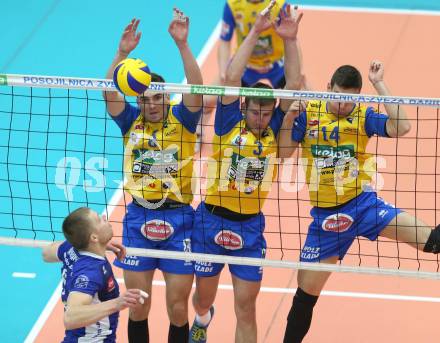 AVL. DenizBank AG Volley League Men. Finale. SK Posojilnica Aich/Dob gegen Hypo Tirol VT. Peter Mlynarcik, Michal Hruska, Anestis Dalakouras (Aich Dob),  Martti Juhkami  (Tirol). Bleiburg, am 6.4.2017.
Foto: Kuess
---
pressefotos, pressefotografie, kuess, qs, qspictures, sport, bild, bilder, bilddatenbank
