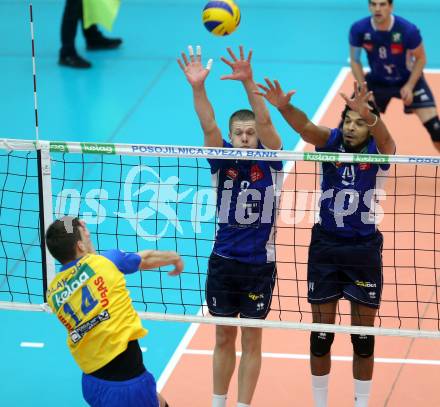 AVL. DenizBank AG Volley League Men. Finale. SK Posojilnica Aich/Dob gegen Hypo Tirol VT. Anestis Dalakouras (Aich Dob), Martti Juhkami, Douglas Duarte Da Silva  (Tirol). Bleiburg, am 6.4.2017.
Foto: Kuess
---
pressefotos, pressefotografie, kuess, qs, qspictures, sport, bild, bilder, bilddatenbank