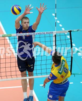 AVL. DenizBank AG Volley League Men. Finale. SK Posojilnica Aich/Dob gegen Hypo Tirol VT. Anton Lukas Menner (Aich Dob),  Martti Juhkami  (Tirol). Bleiburg, am 6.4.2017.
Foto: Kuess
---
pressefotos, pressefotografie, kuess, qs, qspictures, sport, bild, bilder, bilddatenbank