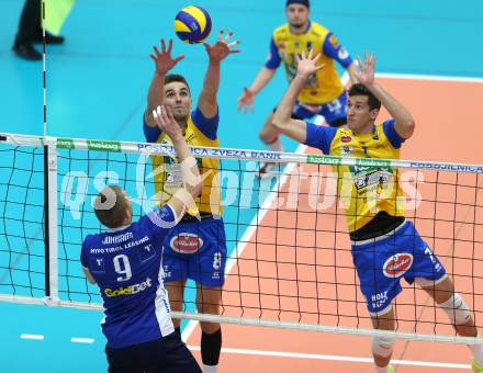 AVL. DenizBank AG Volley League Men. Finale. SK Posojilnica Aich/Dob gegen Hypo Tirol VT. Peter Mlynarcik, Uros Pavlovic (Aich Dob),  Martti Juhkami  (Tirol). Bleiburg, am 6.4.2017.
Foto: Kuess
---
pressefotos, pressefotografie, kuess, qs, qspictures, sport, bild, bilder, bilddatenbank