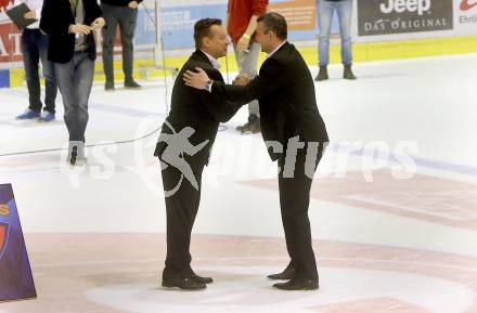 EBEL. Eishockey Bundesliga. KAC gegen 	UPC Vienna Capitals. Trainer Mike Pellegrims, (KAC), Trainer Serge Aubin  (Vienna Capitals). Klagenfurt, am 7.4.2017.
Foto: Kuess

---
pressefotos, pressefotografie, kuess, qs, qspictures, sport, bild, bilder, bilddatenbank