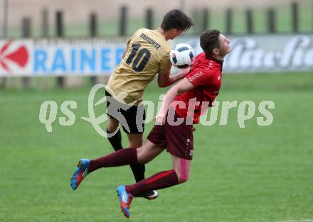Fussball Kaerntner Liga. Lind gegen Koettmannsdorf. Stefan Zagler,  (Lind),  Dominik Kruschitz (Koettmannsdorf). Lind, am 15.4.2017.
Foto: Kuess
---
pressefotos, pressefotografie, kuess, qs, qspictures, sport, bild, bilder, bilddatenbank