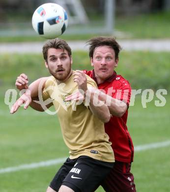 Fussball Kaerntner Liga. Lind gegen Koettmannsdorf. David Obweger, (Lind),  Jakob Orgonyi  (Koettmannsdorf). Lind, am 15.4.2017.
Foto: Kuess
---
pressefotos, pressefotografie, kuess, qs, qspictures, sport, bild, bilder, bilddatenbank