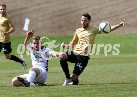 Fussball Kaerntner Liga. Koettmannsdorf gegen Voelkermarkt. Christopher Sallinger,  (Koettmannsdorf),  Lukas Ladinig (Voelkermarkt). Koettmannsdorf, am 23.4.2017.
Foto: Kuess
---
pressefotos, pressefotografie, kuess, qs, qspictures, sport, bild, bilder, bilddatenbank