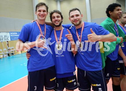 AVL. DenizBank AG Volley League Men. 5. Finalspiel. SK Posojilnica Aich/Dob gegen Hypo Tirol VT.  Meisterjubel Stefan Chrtiansky, Enrico Zappoli Guarienti, Jan Krol  (Tirol). Bleiburg, am 23.4.2017.
Foto: Kuess
---
pressefotos, pressefotografie, kuess, qs, qspictures, sport, bild, bilder, bilddatenbank