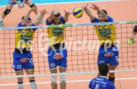 AVL. DenizBank AG Volley League Men. 5. Finalspiel. SK Posojilnica Aich/Dob gegen Hypo Tirol VT. Maximilian Thaller, Uros Pavlicic, Anton Lukas Menner (Aich Dob), Pedro H. Frances   (Tirol). Bleiburg, am 23.4.2017.
Foto: Kuess
---
pressefotos, pressefotografie, kuess, qs, qspictures, sport, bild, bilder, bilddatenbank