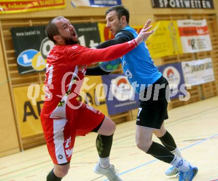 Handball. HLA. Playoff. Viertelfinale. SC Ferlach gegen Alpla HC Hard. Izudin Mujanovic, (Ferlach), Michael Knauth  (Hard). Ferlach, am 23.4.2017.
Foto: Kuess
---
pressefotos, pressefotografie, kuess, qs, qspictures, sport, bild, bilder, bilddatenbank