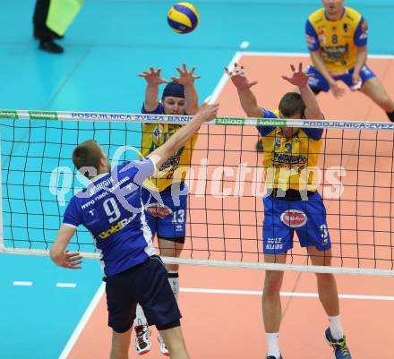 AVL. DenizBank AG Volley League Men. 5. Finalspiel. SK Posojilnica Aich/Dob gegen Hypo Tirol VT. Maximilian Thaller, Michal Hruska (Aich Dob),  Martti Juhkami  (Tirol). Bleiburg, am 23.4.2017.
Foto: Kuess
---
pressefotos, pressefotografie, kuess, qs, qspictures, sport, bild, bilder, bilddatenbank
