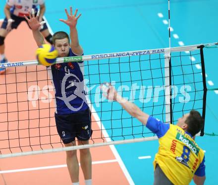 AVL. DenizBank AG Volley League Men. 5. Finalspiel. SK Posojilnica Aich/Dob gegen Hypo Tirol VT. Peter Mlynarcik (Aich Dob),  Martti Juhkami  (Tirol). Bleiburg, am 23.4.2017.
Foto: Kuess
---
pressefotos, pressefotografie, kuess, qs, qspictures, sport, bild, bilder, bilddatenbank