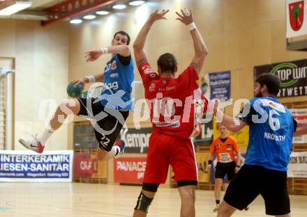 Handball. HLA. Playoff. Viertelfinale. SC Ferlach gegen Alpla HC Hard. Dean Pomorisac (Ferlach), Frederic Wuestner (Hard). Ferlach, am 23.4.2017.
Foto: Kuess
---
pressefotos, pressefotografie, kuess, qs, qspictures, sport, bild, bilder, bilddatenbank