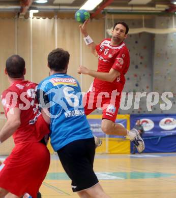 Handball. HLA. Playoff. Viertelfinale. SC Ferlach gegen Alpla HC Hard. Leander Krobath  (Ferlach), Dominik Schmid (Hard). Ferlach, am 23.4.2017.
Foto: Kuess
---
pressefotos, pressefotografie, kuess, qs, qspictures, sport, bild, bilder, bilddatenbank