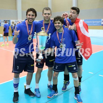 AVL. DenizBank AG Volley League Men. 5. Finalspiel. SK Posojilnica Aich/Dob gegen Hypo Tirol VT.  Meisterjubel Enrico Zappoli Guarienti, Martti Juhkami, Lucas Provenzano De Deus, Murat Yenipazar  (Tirol). Bleiburg, am 23.4.2017.
Foto: Kuess
---
pressefotos, pressefotografie, kuess, qs, qspictures, sport, bild, bilder, bilddatenbank