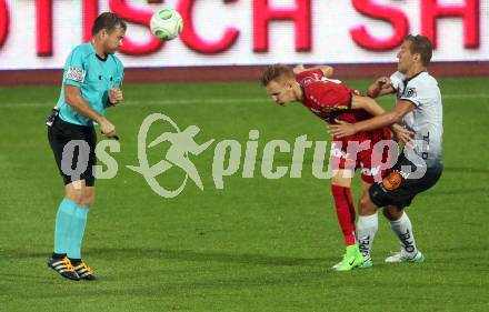 Fussball Tipico Bundesliga. RZ Pellets WAC gegen Cashpoint SCR Altach. Mario Leitgeb, (WAC), Christian Gebauer, (Altach), Schiedsrichter Dieter Muckenhammer . Wolfsberg, am  6.8.2017.
Foto: Kuess

---
pressefotos, pressefotografie, kuess, qs, qspictures, sport, bild, bilder, bilddatenbank