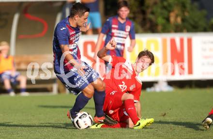 Fussball Kaerntner Liga. KAC 1909 gegen Lendorf. Maximilian Hubert Watscher (KAC), Nico Moser (Lendorf). Klagenfurt, am 5.8.2017.
Foto: Kuess
---
pressefotos, pressefotografie, kuess, qs, qspictures, sport, bild, bilder, bilddatenbank
