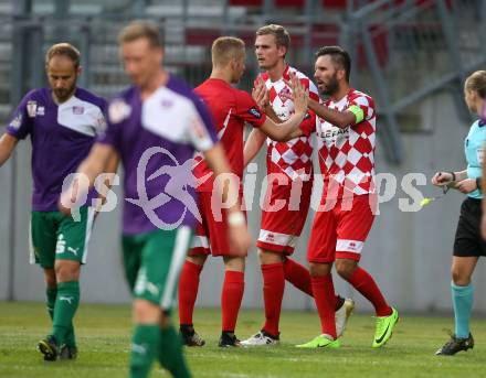 Fussball Regionalliga. SK Austria Klagenfurt gegen SC Weiz. Torjubel Sandro Zakany, Thomas Hirschhofer (Klagenfurt). Klagenfurt, am 4.8.2017.
Foto: Kuess
---
pressefotos, pressefotografie, kuess, qs, qspictures, sport, bild, bilder, bilddatenbank