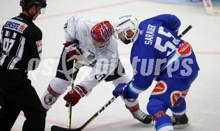 EBEL. Eishockey Bundesliga. Testspiel. EC VSV gegen Lyon. Andrew Sarauer, (VSV), Jordan Sims  (Lyon). Villach, am 10.8.2017.
Foto: Kuess 


---
pressefotos, pressefotografie, kuess, qs, qspictures, sport, bild, bilder, bilddatenbank