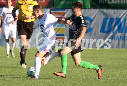 Fussball Kaerntner Liga. SAK gegen Feldkirchen. Marco Mueller, (SAK), Raphael Regenfelder   (Feldkirchen). Welzenegg, am 11.8.2017.
Foto: Kuess
---
pressefotos, pressefotografie, kuess, qs, qspictures, sport, bild, bilder, bilddatenbank