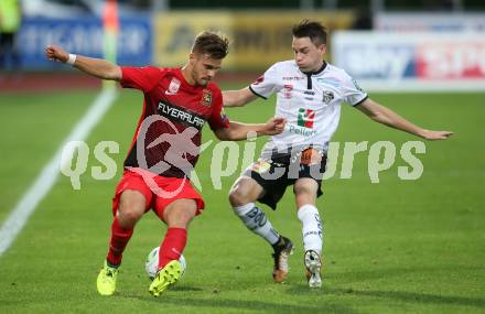 Fussball Tipico Bundesliga. RZ Pellets WAC gegen FC Flyeralarm Admira. Florian Flecker, (WAC), Dominik Starkl (Admira). Wolfsberg, am  19.8.2017.
Foto: Kuess

---
pressefotos, pressefotografie, kuess, qs, qspictures, sport, bild, bilder, bilddatenbank