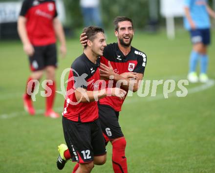 Fussball. Unterliga Ost. Eberstein gegen Rueckersdorf. Torjubel Paul Armin Uster, Gerfried Duller (Rueckersdorf). Eberstein, 19.8.2017.
Foto: Kuess
---
pressefotos, pressefotografie, kuess, qs, qspictures, sport, bild, bilder, bilddatenbank