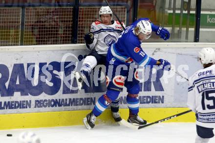 EBEL. Eishockey Bundesliga. Testspiel. VSV gegen SC Riessersee. Valentin Leiler, (VSV),   Louke Oskley (Riessersee). Villach, am 25.8.2017.
Foto: Kuess
---
pressefotos, pressefotografie, kuess, qs, qspictures, sport, bild, bilder, bilddatenbank