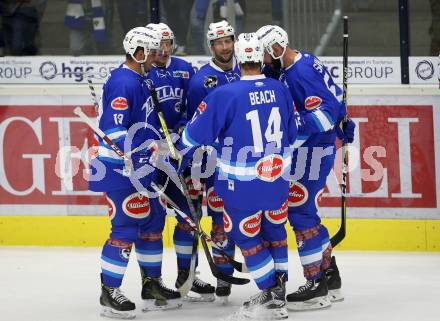 EBEL. Eishockey Bundesliga. Testspiel. VSV gegen SC Riessersee. Torjubel Ryan Glenn, Valentin Leiler, Stefan Bacher, Andrew Sarauer, Kyle Beach (VSV). Villach, am 25.8.2017.
Foto: Kuess
---
pressefotos, pressefotografie, kuess, qs, qspictures, sport, bild, bilder, bilddatenbank