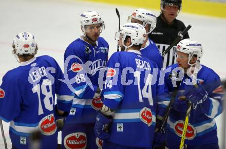 EBEL. Eishockey Bundesliga. Testspiel. VSV gegen SC Riessersee. Torjubel Valentin Leiler, Miha Stebih, Kyle Beach, Andrew Sarauer, Nico Brunner (VSV). Villach, am 25.8.2017.
Foto: Kuess
---
pressefotos, pressefotografie, kuess, qs, qspictures, sport, bild, bilder, bilddatenbank