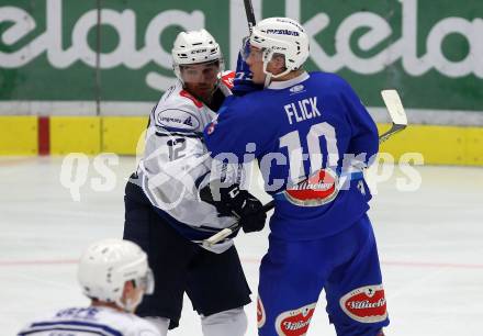 EBEL. Eishockey Bundesliga. Testspiel. VSV gegen SC Riessersee. Rob Flick,  (VSV), Jared Gomes (Riessersee). Villach, am 25.8.2017.
Foto: Kuess
---
pressefotos, pressefotografie, kuess, qs, qspictures, sport, bild, bilder, bilddatenbank