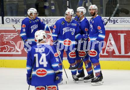 EBEL. Eishockey Bundesliga. Testspiel. VSV gegen SC Riessersee. Torjubel Ryan Glenn, Valentin Leiler, Stefan Bacher, Andrew Sarauer, Kyle Beach (VSV). Villach, am 25.8.2017.
Foto: Kuess
---
pressefotos, pressefotografie, kuess, qs, qspictures, sport, bild, bilder, bilddatenbank
