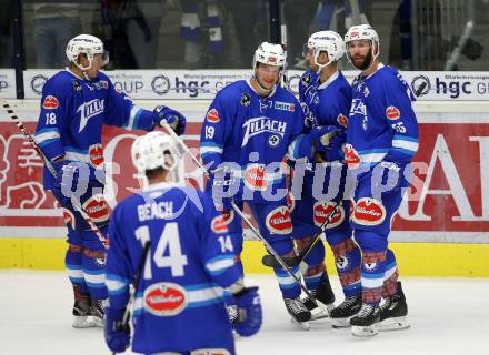 EBEL. Eishockey Bundesliga. Testspiel. VSV gegen SC Riessersee. Torjubel Ryan Glenn, Valentin Leiler, Stefan Bacher, Andrew Sarauer, Kyle Beach (VSV). Villach, am 25.8.2017.
Foto: Kuess
---
pressefotos, pressefotografie, kuess, qs, qspictures, sport, bild, bilder, bilddatenbank